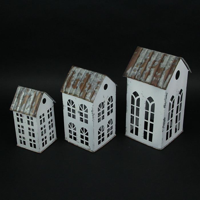 Enchanting Set of 3 Distressed White Metal House-Shaped Candle Holders: Rustic Farmhouse Charm for Cozy Winter Nights,