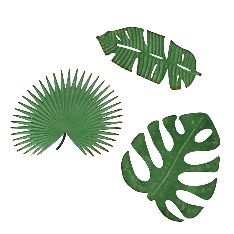 Set of 3 Antiqued Green Metal Tropical Leaf Wall Sculptures - Palmetto, Monstera, Banana Leaves, 17 Inches - For Living Room,
