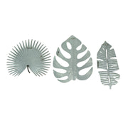 Set of 3 Antiqued Green Metal Tropical Leaf Wall Sculptures - Palmetto, Monstera, Banana Leaves, 17 Inches - For Living Room,
