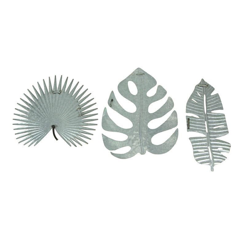 Set of 3 Antiqued Green Metal Tropical Leaf Wall Sculptures - Palmetto, Monstera, Banana Leaves, 17 Inches - For Living Room,