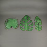 Set of 3 Antiqued Green Metal Tropical Leaf Wall Sculptures - Palmetto, Monstera, Banana Leaves, 17 Inches - For Living Room,