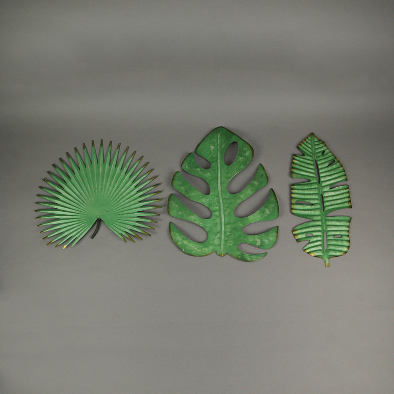 Set of 3 Antiqued Green Metal Tropical Leaf Wall Sculptures - Palmetto, Monstera, Banana Leaves, 17 Inches - For Living Room,