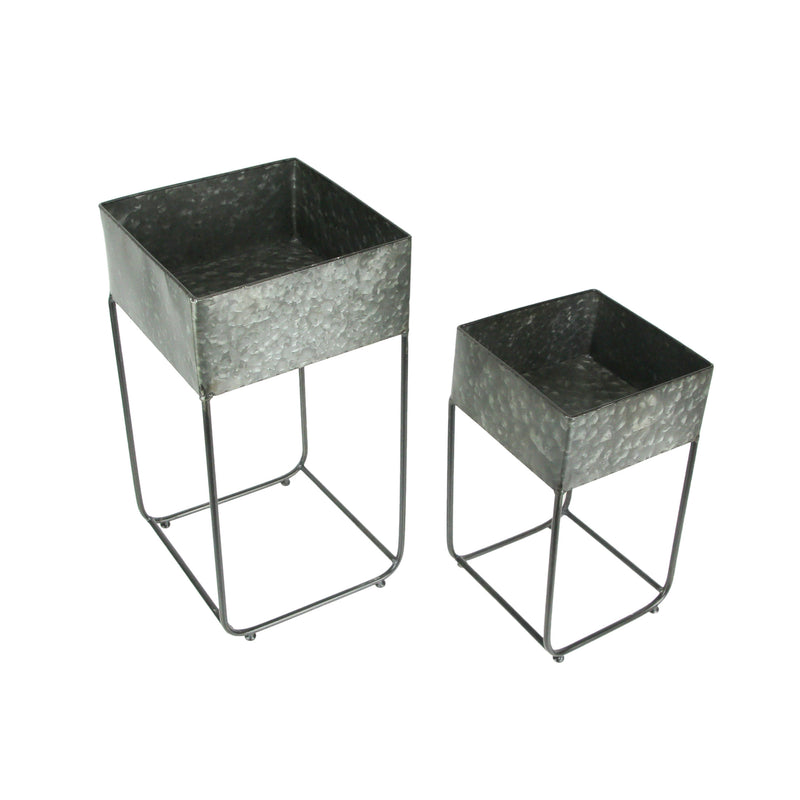 Set of 2 Galvanized Grey Finish Square Metal Indoor/Outdoor Planters on Stands - Rustic Elegance - Stylish Farmhouse Decor