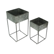 Set of 2 Galvanized Grey Finish Square Metal Indoor/Outdoor Planters on Stands - Rustic Elegance - Stylish Farmhouse Decor