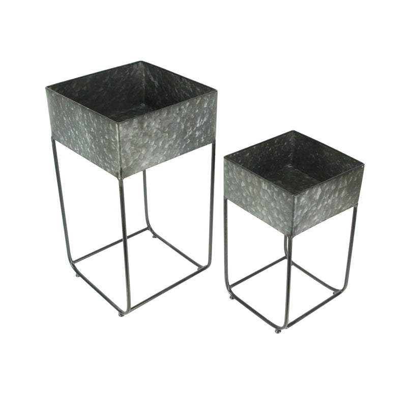 Set of 2 Galvanized Grey Finish Square Metal Indoor/Outdoor Planters on Stands - Rustic Elegance - Stylish Farmhouse Decor
