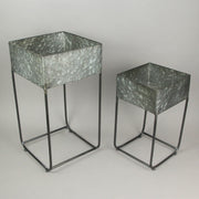 Set of 2 Galvanized Grey Finish Square Metal Indoor/Outdoor Planters on Stands - Rustic Elegance - Stylish Farmhouse Decor