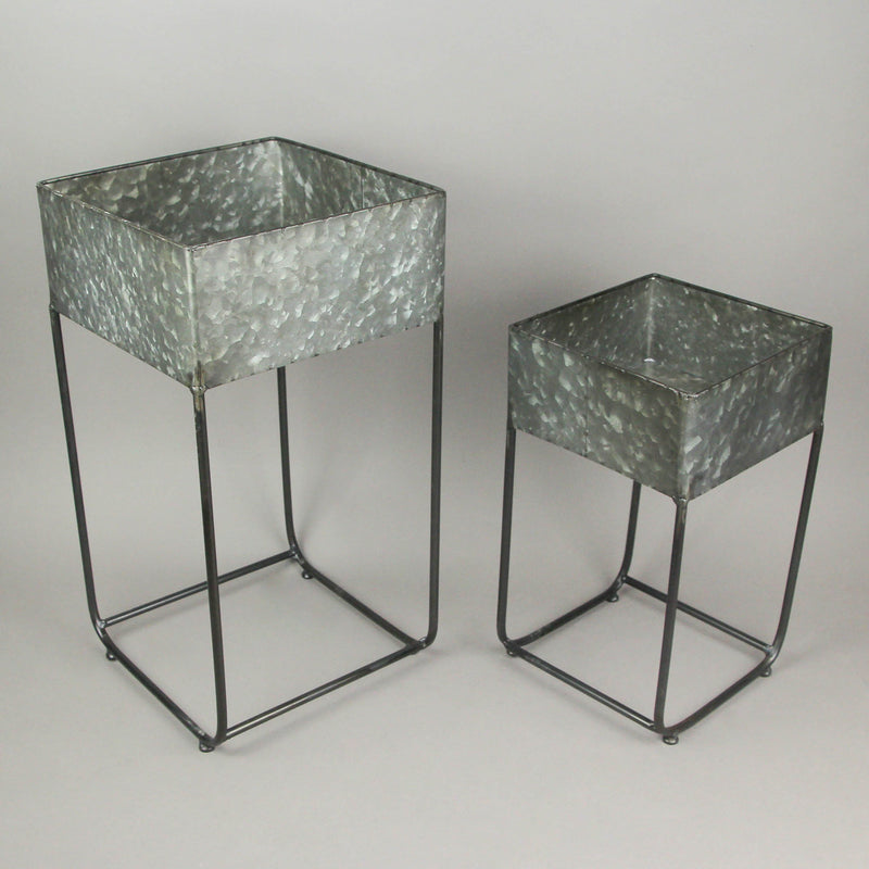 Set of 2 Galvanized Grey Finish Square Metal Indoor/Outdoor Planters on Stands - Rustic Elegance - Stylish Farmhouse Decor