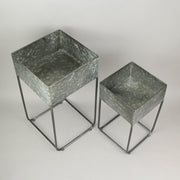 Set of 2 Galvanized Grey Finish Square Metal Indoor/Outdoor Planters on Stands - Rustic Elegance - Stylish Farmhouse Decor