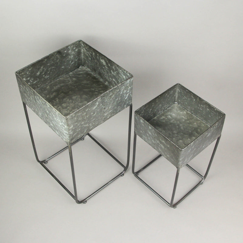 Set of 2 Galvanized Grey Finish Square Metal Indoor/Outdoor Planters on Stands - Rustic Elegance - Stylish Farmhouse Decor