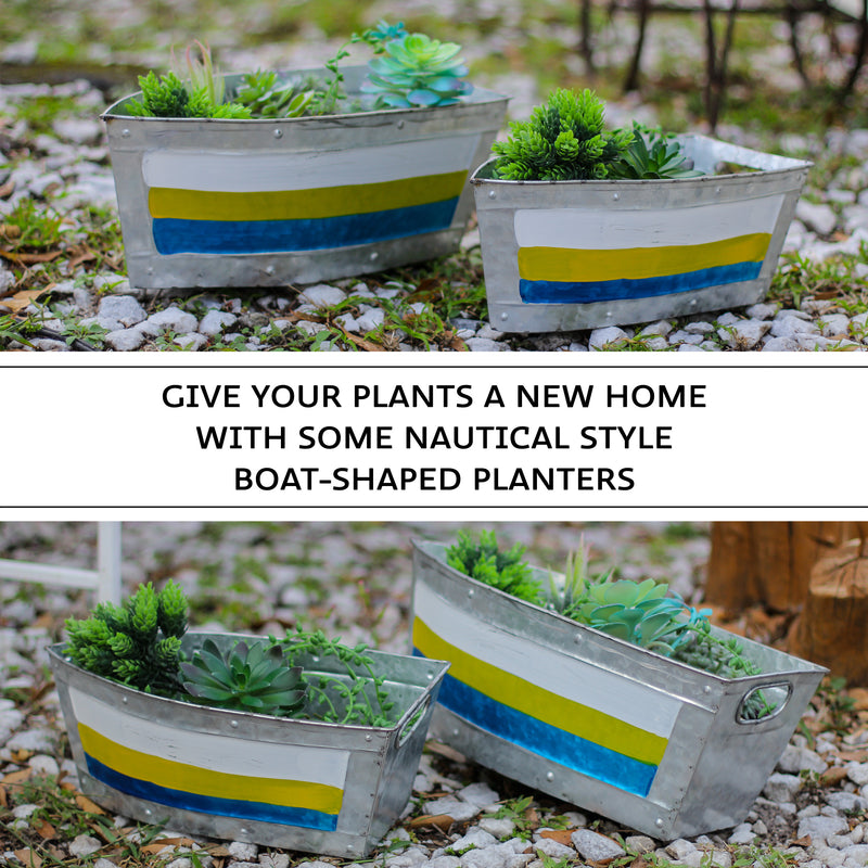 Set of 2 Galvanized Metal Boat Planters - Stylish Flower Tubs for Indoor and Outdoor Greenery - Seafaring Charm - Nautical
