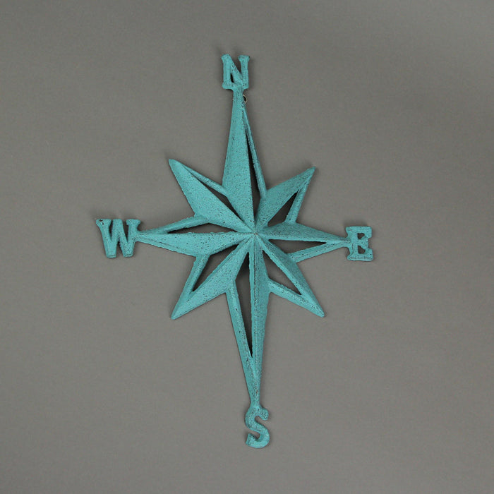 Turquoise - Image 4 - Turquoise Blue Cast Iron Compass Rose Wall Hanging Sculpture - Coastal Home Decor Art Piece - 13.5