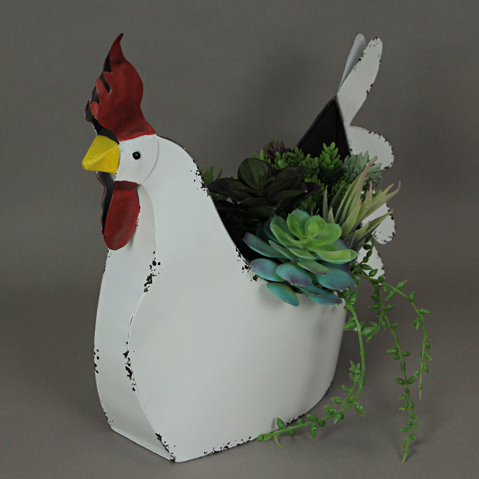 White - Image 9 - Rustic White Finish Metal Rooster Planter - Indoor/Outdoor Decorative Flower Pot for Home and Garden - 15.5