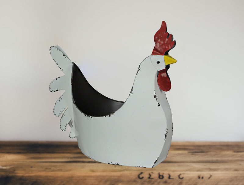 White - Image 4 - Rustic White Finish Metal Rooster Planter - Indoor/Outdoor Decorative Flower Pot for Home and Garden - 15.5