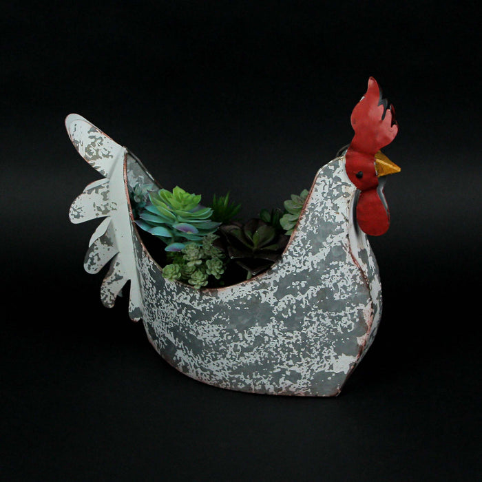 Silver - Image 3 - Charming Weathered White Metal Rooster Planter for Indoor and Outdoor Country Farmhouse Decor - Rustic