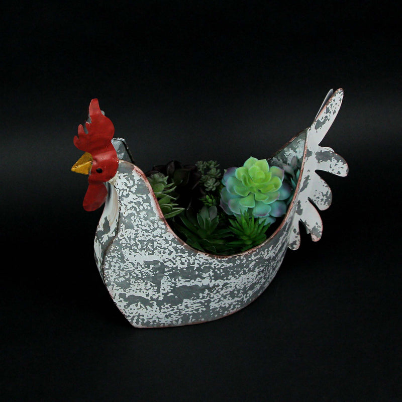 Silver - Image 4 - Charming Weathered White Metal Rooster Planter for Indoor and Outdoor Country Farmhouse Decor - Rustic