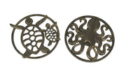 Set of 2 Antique Bronze Finished Cast Iron Sea Turtle and Octopus Wall Art Sculptures - 11.5 Inches in Diameter - Coastal