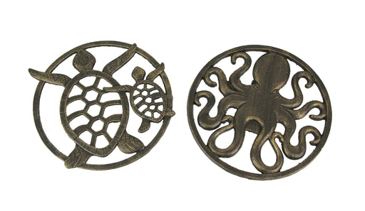 Set of 2 Antique Bronze Finished Cast Iron Sea Turtle and Octopus Wall Art Sculptures - 11.5 Inches in Diameter - Coastal