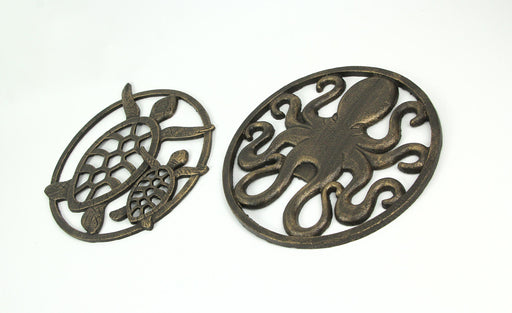Set of 2 Antique Bronze Finished Cast Iron Sea Turtle and Octopus Wall Art Sculptures - 11.5 Inches in Diameter - Coastal