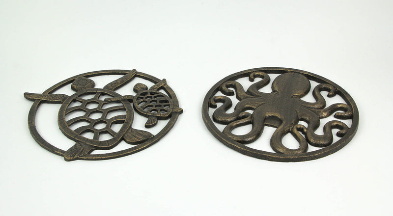 Set of 2 Antique Bronze Finished Cast Iron Sea Turtle and Octopus Wall Art Sculptures - 11.5 Inches in Diameter - Coastal