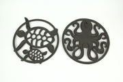 Set of 2 Antique Bronze Finished Cast Iron Sea Turtle and Octopus Wall Art Sculptures - 11.5 Inches in Diameter - Coastal
