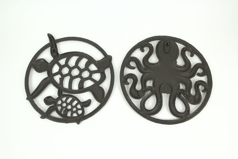 Set of 2 Antique Bronze Finished Cast Iron Sea Turtle and Octopus Wall Art Sculptures - 11.5 Inches in Diameter - Coastal