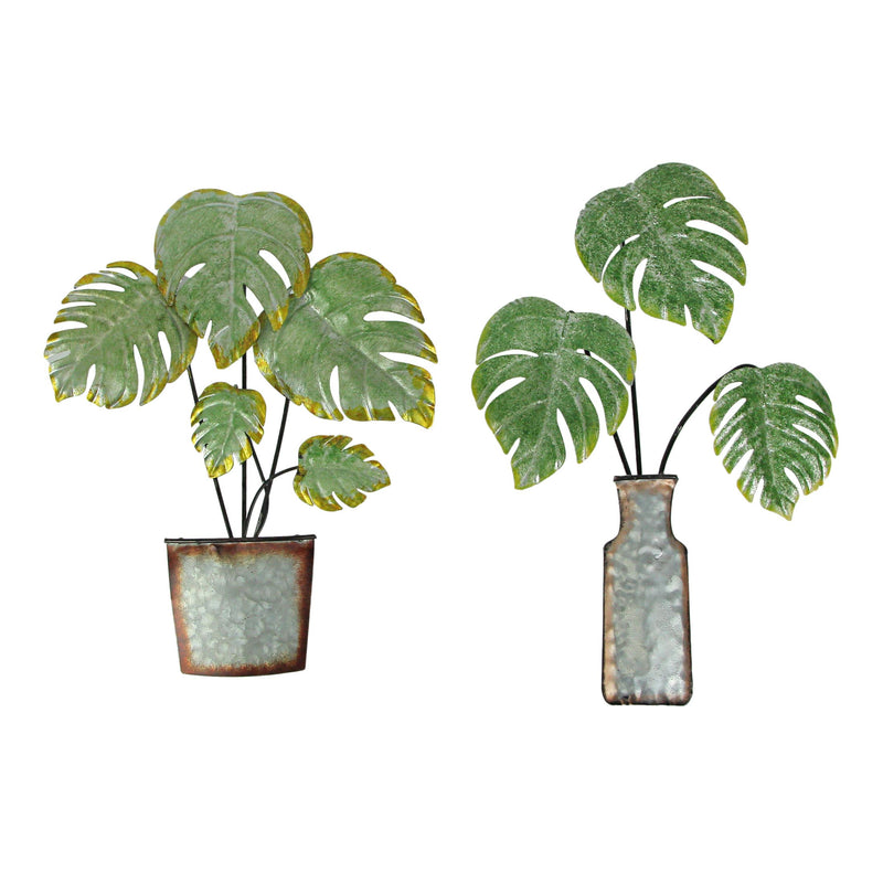 Set of 2 Green and Grey Metal Tropical Monstera Potted Plant Wall Sculptures -  - Great For Kitchens and Bathrooms - Boho