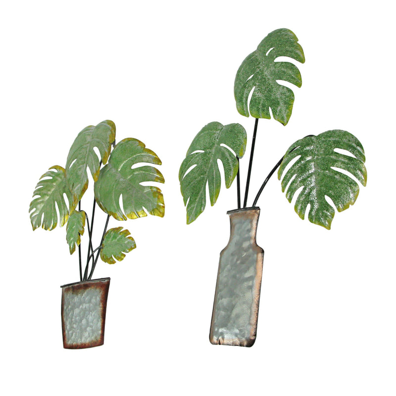 Set of 2 Green and Grey Metal Tropical Monstera Potted Plant Wall Sculptures -  - Great For Kitchens and Bathrooms - Boho