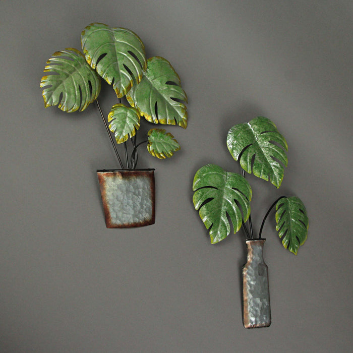 Set of 2 Green and Grey Metal Tropical Monstera Potted Plant Wall Sculptures -  - Great For Kitchens and Bathrooms - Boho
