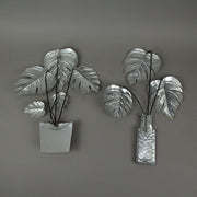 Set of 2 Green and Grey Metal Tropical Monstera Potted Plant Wall Sculptures -  - Great For Kitchens and Bathrooms - Boho