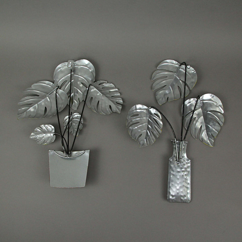 Set of 2 Green and Grey Metal Tropical Monstera Potted Plant Wall Sculptures -  - Great For Kitchens and Bathrooms - Boho