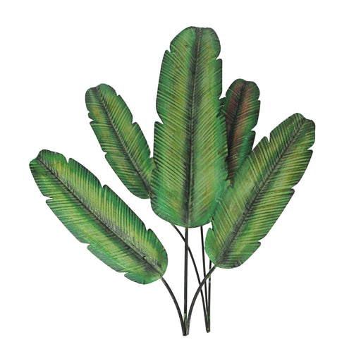 Green Metal Banana Leaf Hanging Wall Sculpture Tropical Plant Decorative Plaque 20 Inches High - Easy Installation - Add