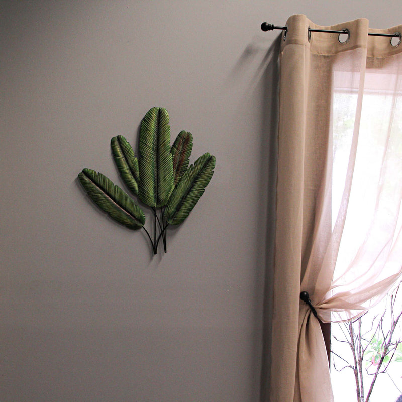 Green Metal Banana Leaf Hanging Wall Sculpture Tropical Plant Decorative Plaque 20 Inches High - Easy Installation - Add