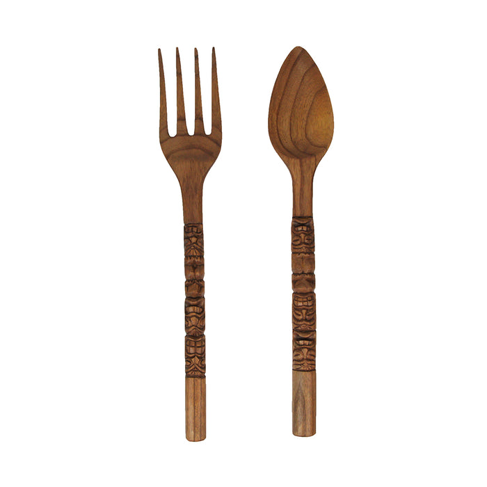 24 Inch - Image 1 - Set of 2 Carved Tiki Design Wooden Spoon & Fork Utensil Wall Sculptures in Brown Wood - Large 24-Inch