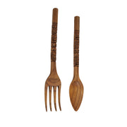 24 Inch - Image 1 - Set of 2 Carved Tiki Design Wooden Spoon & Fork Utensil Wall Sculptures in Brown Wood - Large 24-Inch