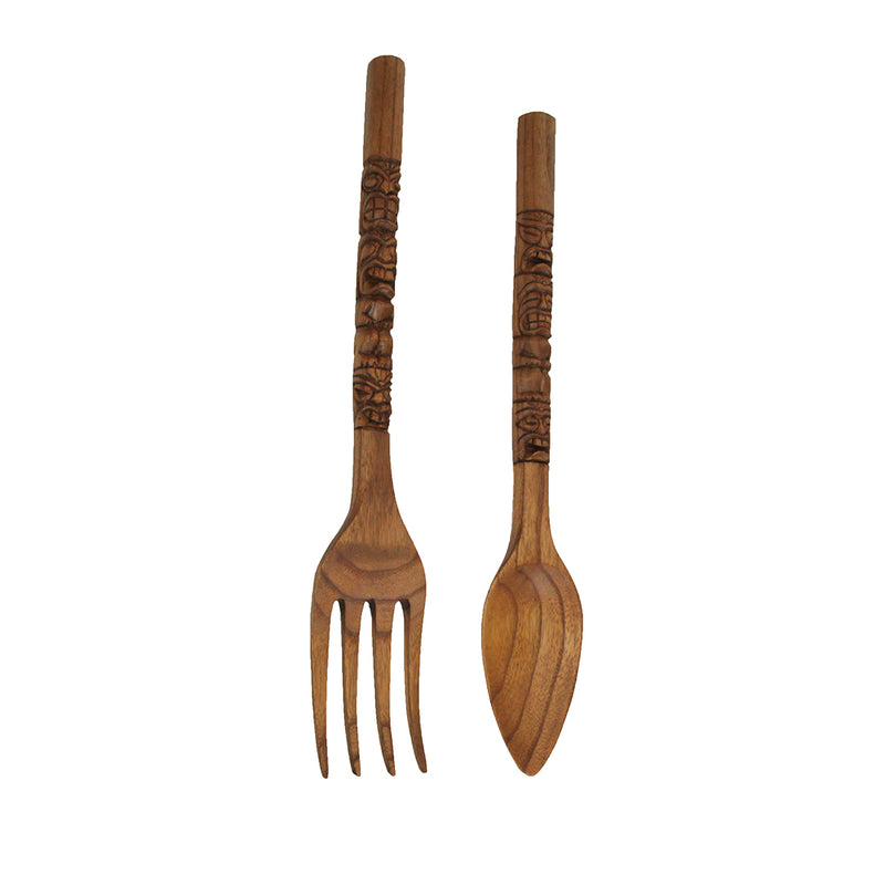 24 Inch - Image 1 - Set of 2 Carved Tiki Design Wooden Spoon & Fork Utensil Wall Sculptures in Brown Wood - Large 24-Inch