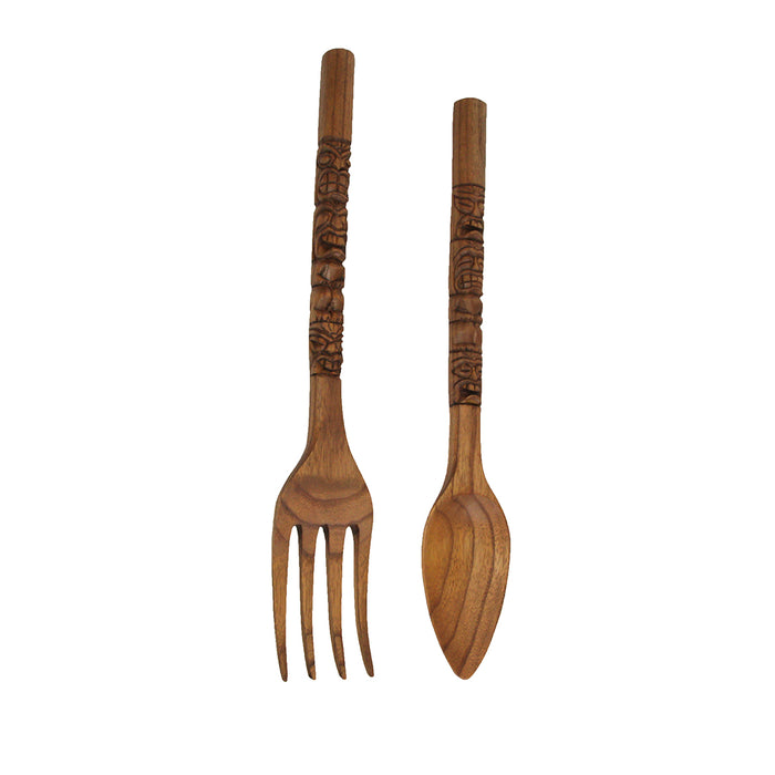 24 Inch - Image 2 - Set of 2 Carved Tiki Design Wooden Spoon & Fork Utensil Wall Sculptures in Brown Wood - Large 24-Inch