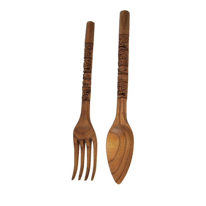 24 Inch - Image 3 - Set of 2 Carved Tiki Design Wooden Spoon & Fork Utensil Wall Sculptures in Brown Wood - Large 24-Inch