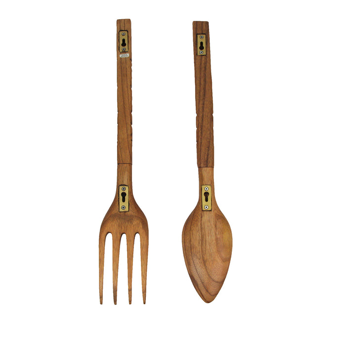 24 Inch - Image 9 - Set of 2 Carved Tiki Design Wooden Spoon & Fork Utensil Wall Sculptures in Brown Wood - Large 24-Inch