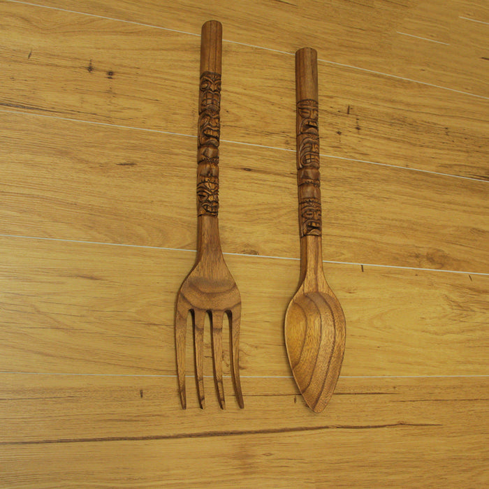 24 Inch - Image 5 - Set of 2 Carved Tiki Design Wooden Spoon & Fork Utensil Wall Sculptures in Brown Wood - Large 24-Inch