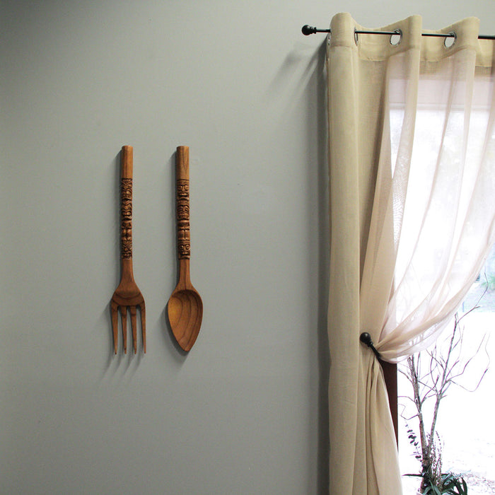 24 Inch - Image 6 - Set of 2 Carved Tiki Design Wooden Spoon & Fork Utensil Wall Sculptures in Brown Wood - Large 24-Inch