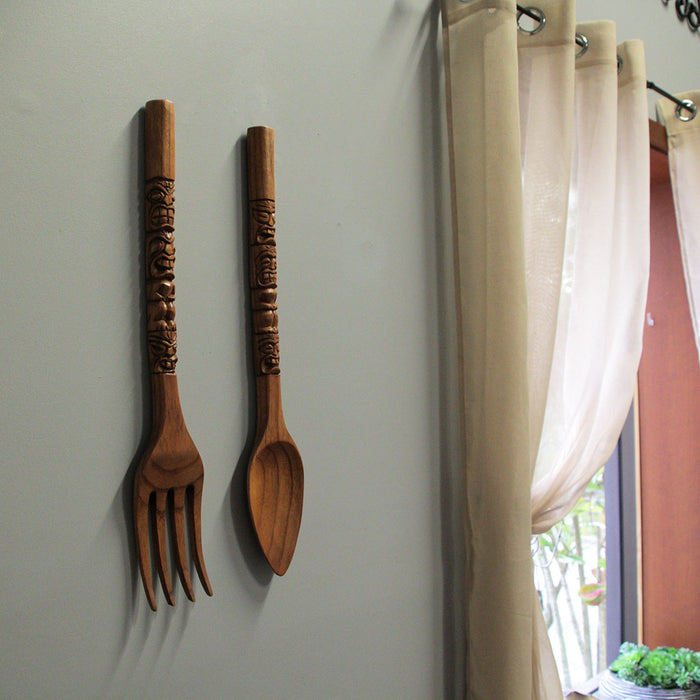24 Inch - Image 4 - Set of 2 Carved Tiki Design Wooden Spoon & Fork Utensil Wall Sculptures in Brown Wood - Large 24-Inch