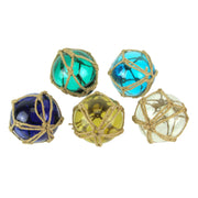 Set of 5 Coastal-Inspired Replica Glass Fishing Floats with Rope Accents - Charming Nautical Antique-Style Decor Ornaments