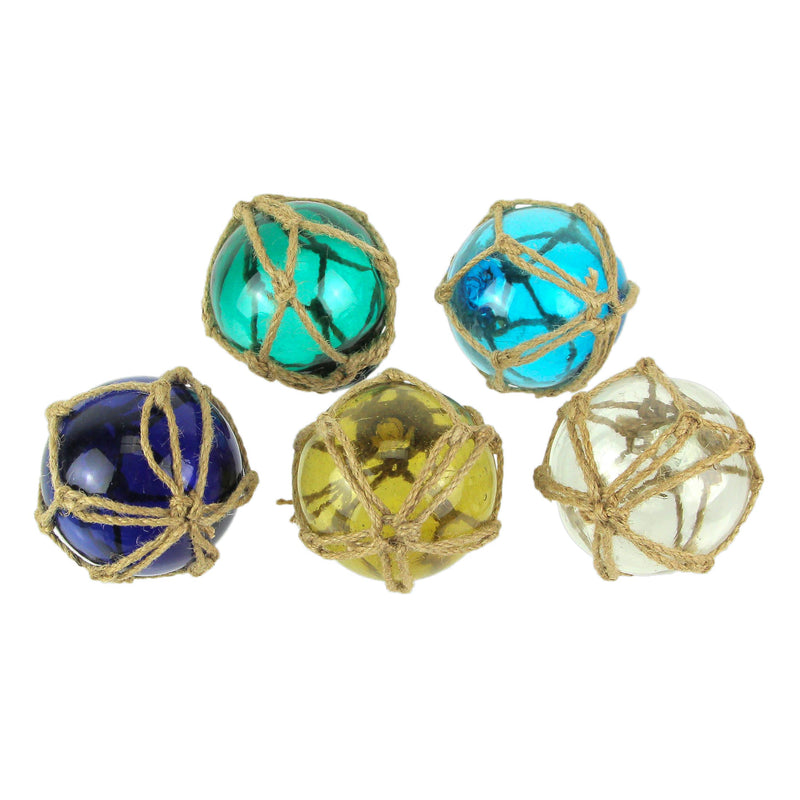 Set of 5 Coastal-Inspired Replica Glass Fishing Floats with Rope Accents - Charming Nautical Antique-Style Decor Ornaments