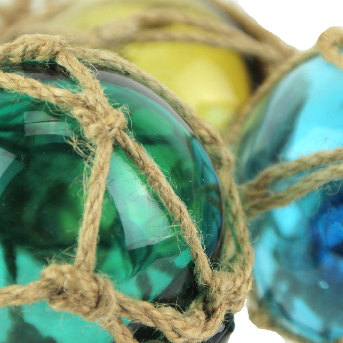 Set of 5 Coastal-Inspired Replica Glass Fishing Floats with Rope Accents - Charming Nautical Antique-Style Decor Ornaments