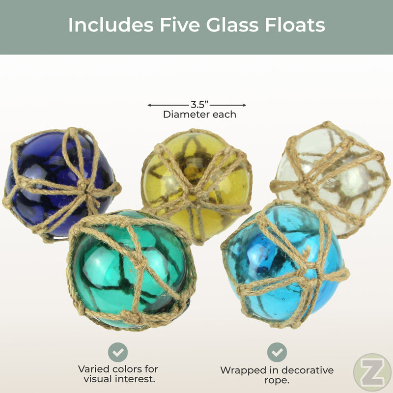 Set of 5 Glass Fishing Floats, Rope Wrapped 3.5 Inch Decor Balls Image 5