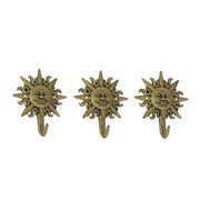Set of 3 Vintage Sun-Face Cast Iron Decorative Wall Hooks in Antique Gold Finish - Elegant Towel or Coat Hanger Rack for Home