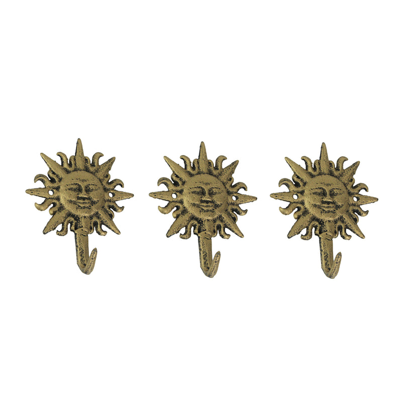 Set of 3 Vintage Sun-Face Cast Iron Decorative Wall Hooks in Antique Gold Finish - Elegant Towel or Coat Hanger Rack for Home
