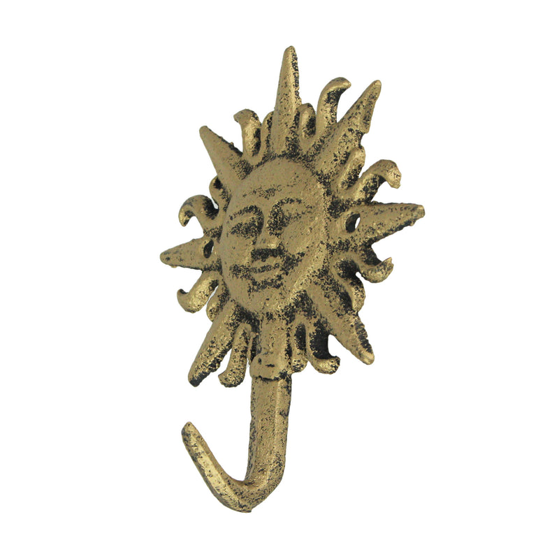 Set of 3 Vintage Sun-Face Cast Iron Decorative Wall Hooks in Antique Gold Finish - Elegant Towel or Coat Hanger Rack for Home