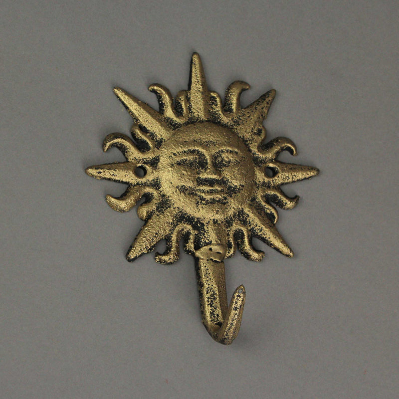 Set of 3 Vintage Sun-Face Cast Iron Decorative Wall Hooks in Antique Gold Finish - Elegant Towel or Coat Hanger Rack for Home