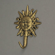 Set of 3 Vintage Sun-Face Cast Iron Decorative Wall Hooks in Antique Gold Finish - Elegant Towel or Coat Hanger Rack for Home